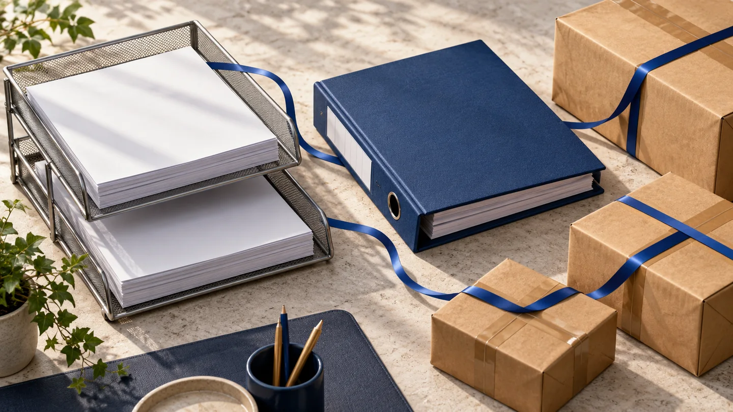 Document trays, a ledger and parcels connected to represent accounting and supply-chain workflows