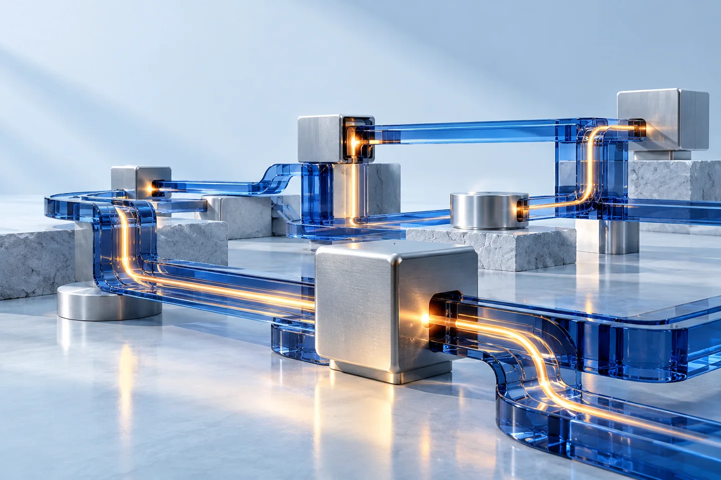 Blue glass pathways connecting processing modules, representing AI and systems integration