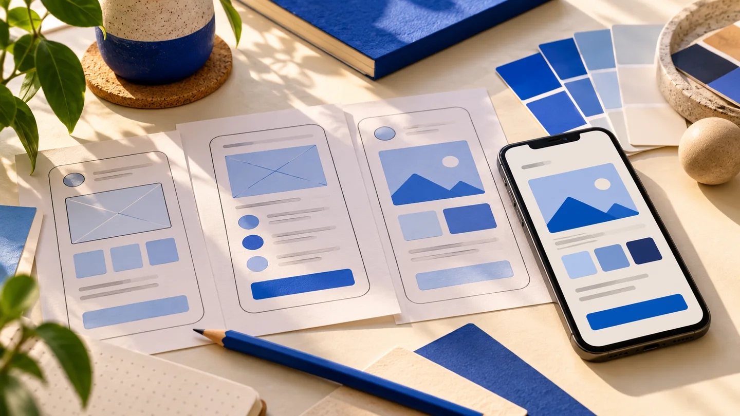 Paper app prototypes beside a smartphone, representing discovery before development