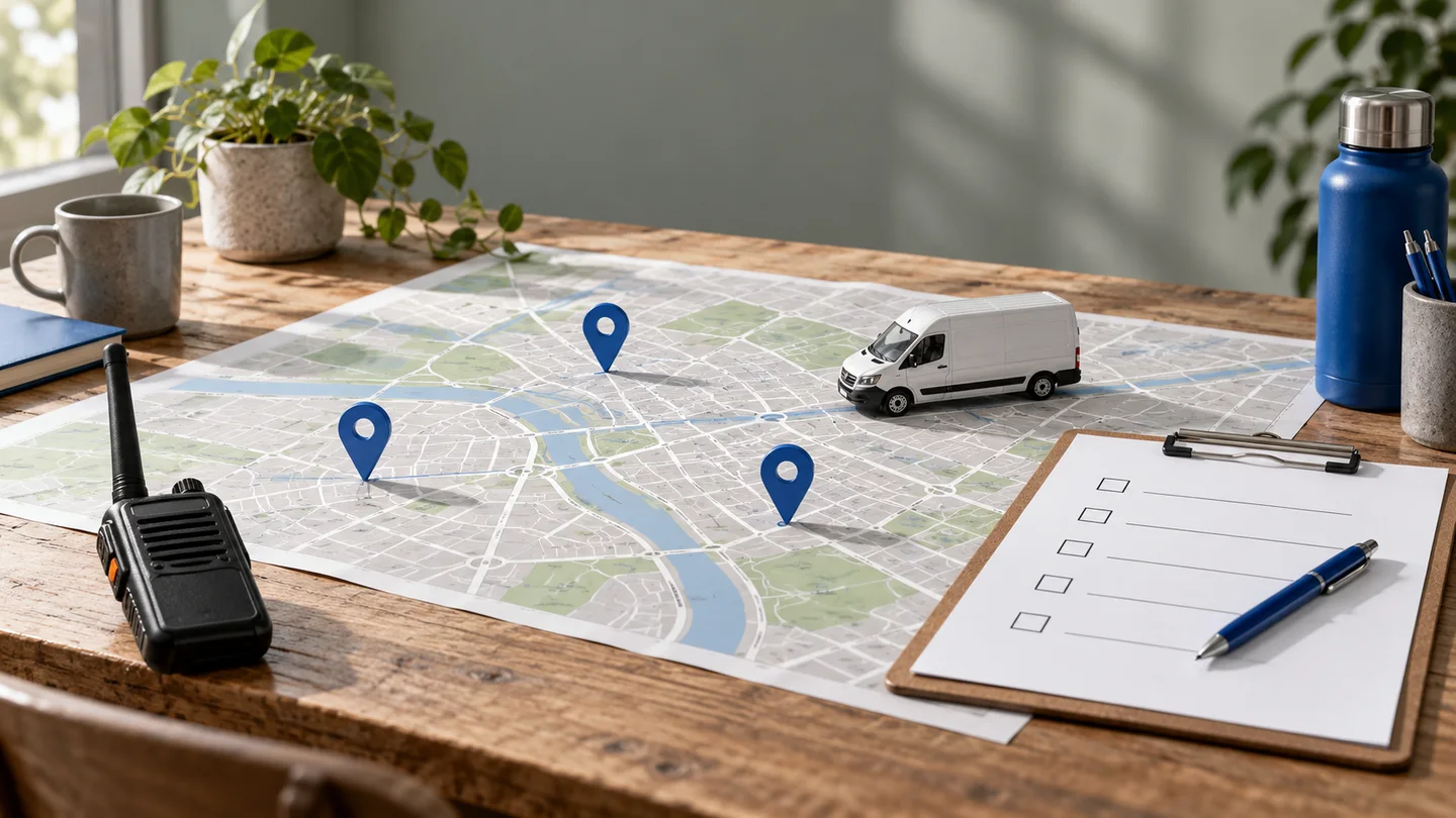 Service van, map markers and a checklist representing field workforce coordination