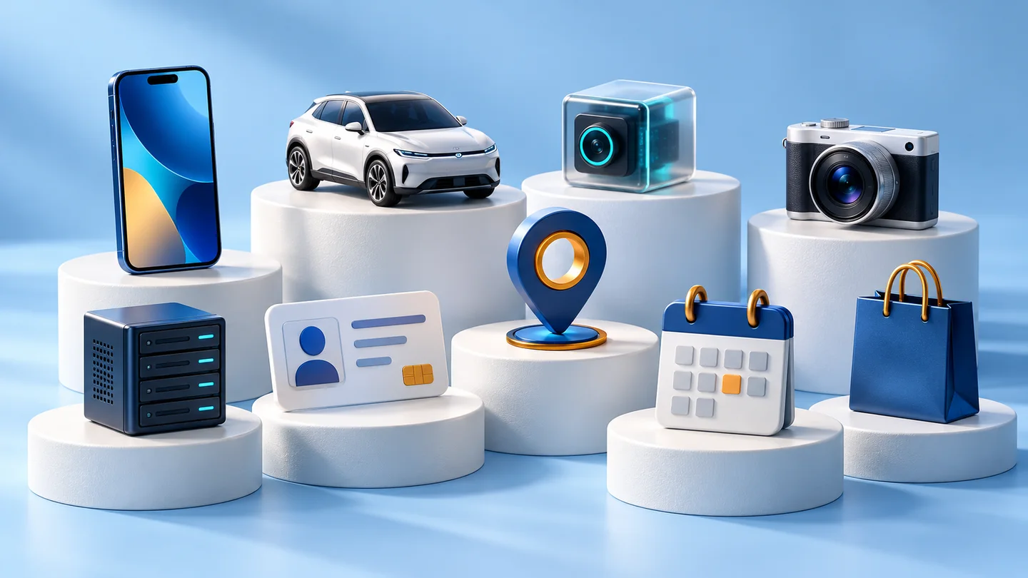 Nine technology objects representing apps, mobility, connected devices and digital services