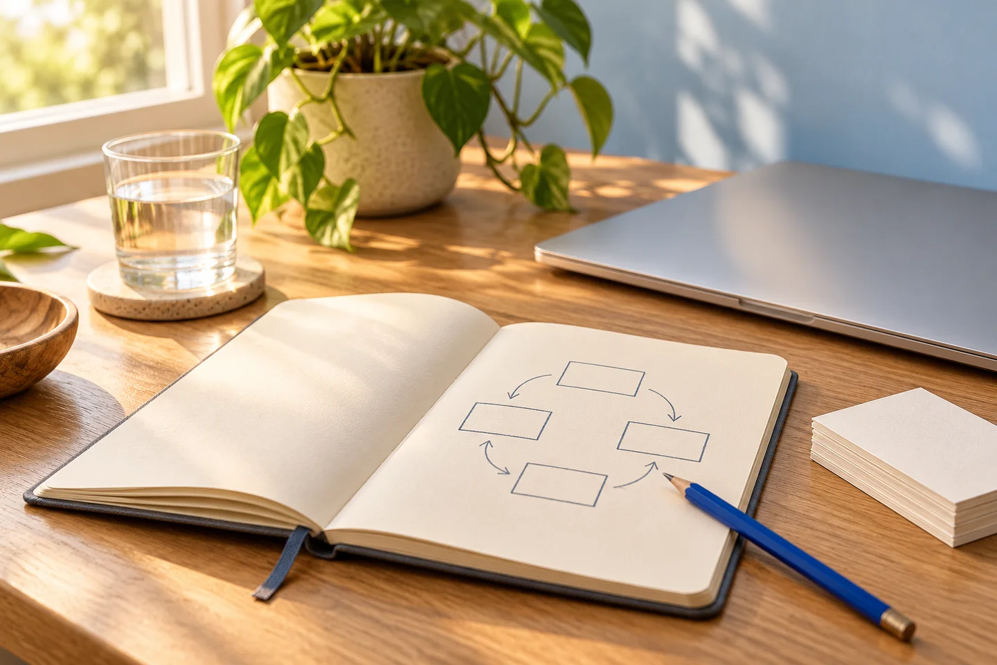 Notebook with a workflow sketch beside a laptop